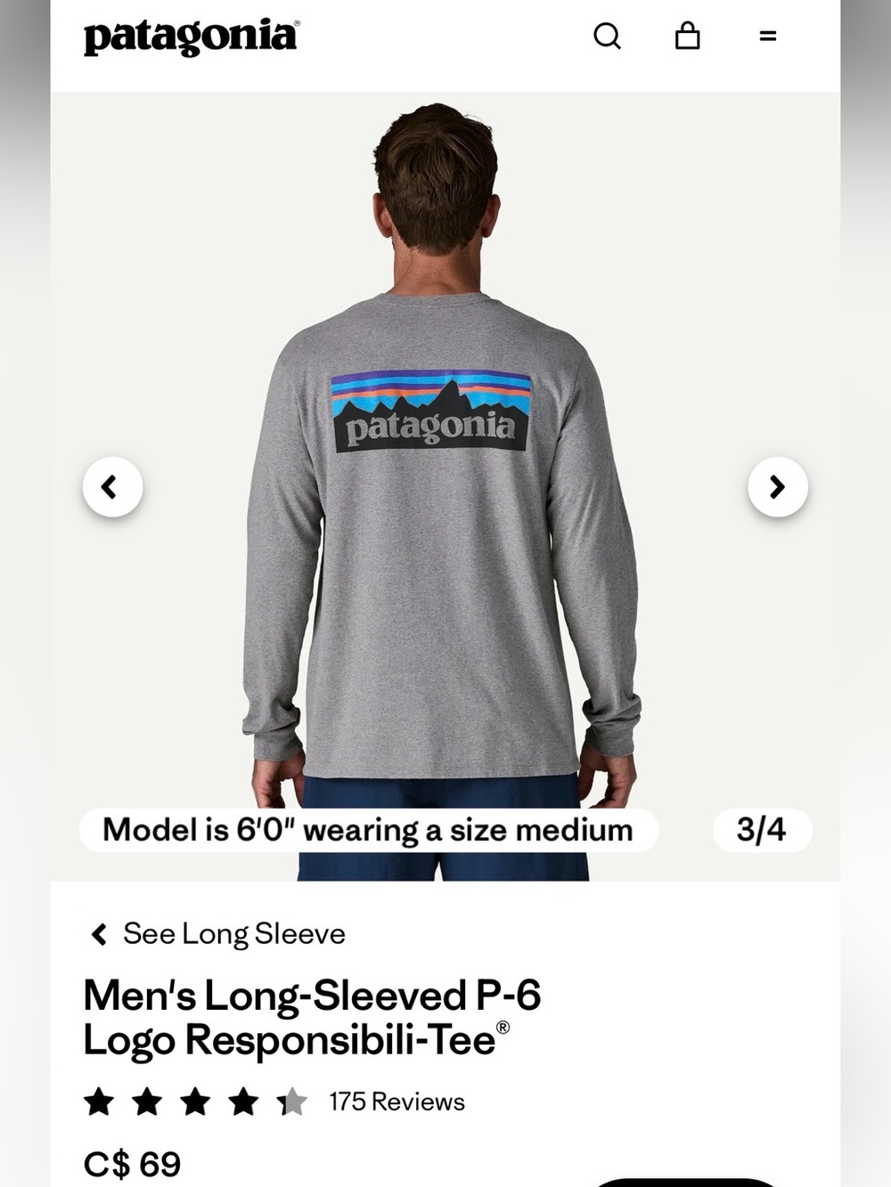 Patagonia Long-Sleeved P-6 Logo Responsibili-Tee shirt, medium